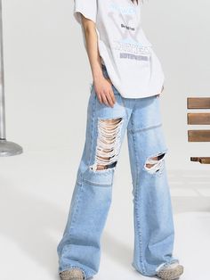 Material: 100% Cotton
Model: 172cm/51.5kg Wearing size M



Length
Waist
Hip


S
106cm
66cm
94cm


M
108cm
70cm
98cm


L
110cm
74cm
102cm Ripped Full-length Bottoms For Streetwear, High Waist Five Pockets Pants For Streetwear, High Waist Pants With Five Pockets For Streetwear, Trendy Denim Straight Cargo Pants, Urban Baggy Denim Blue Pants, Urban Style Baggy Denim Blue Pants, Baggy Distressed Pants For Spring, Medium Wash Ripped Pants For Streetwear, Denim Straight Cargo Pants