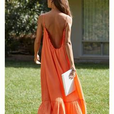 Gauze Coverup Maxi Dress. Runs Large Orange Ruffled Midi Dress For The Beach, Chic Long Sundress For Brunch, Chic Orange Maxi Dress For Brunch, Chic Orange Sundress For Brunch, Chic Midi Beach Dress, Chic Orange Maxi Dress For Spring, Chic Orange Maxi Dress For Day Out, Peplum Lace, Gauze Maxi Dress