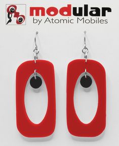 "Modern art earrings inspired by mid century modern retro design and my hanging art mobiles. Wearable art! Custom handmade by me in my studio in Los Angeles. No-worry, no-pain hypo-allergenic titanium ear wire, stainless steel rings, and adorably mod acrylic dangle shapes. Show your mid century modern style with these modern earrings! Arrives in lovely gift box with ribbon. CHOOSE FROM 2 SIZES: Medium: 3\"h x 1 1/8\" w Small: 2 1/4\"h x 3/4\"w TWO TONE COLORS COLLECTION Choose from: 3 different Mobiles Art, Modern Retro Design, Kinetic Art Sculpture, Mod Jewelry, Gift Box With Ribbon, Retro Earrings, Kinetic Sculpture, Art Earrings, Retro Earring