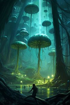 a person standing in the middle of a forest with lots of jelly fish floating on top of it