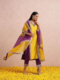 Featuring a plum and golden yellow colourblockchanderi kurta set with gota and hand embroidery. It is paired with pants and a colourblock silk organza dupatta. Color: Golden Yellow and Plum Fabric: Chanderi Note: The product will be shipped within 30-35 days of order placed Wash care - Dry Clean Only. Do not use heavy Iron Plum Fabric, Plum Pants, Chanderi Kurta, Kurta Set For Women, Organza Dupatta, Silk Organza, Kurta Set, Golden Yellow, Set For Women