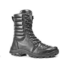 Experience Durable and Comfortable Footwear with the BMBrasil Genuine Leather Tactical Boots 5168 These tactical boots from BMBrasil are designed for all your outdoor needs.  Made from high-quality bovine leather, with reinforced toe and heel, and a SBS rubber sole, these boots are built to withstand even the toughest conditions.  The inner side zipper closure makes them quick and easy to put on and take off, while the 100% polyester lining with PU foam ensures all-day comfort.  The boots are se Abrasion-resistant Combat Boots With Round Toe, Abrasion-resistant Round Toe Combat Boots, Shock Resistant Combat Boots For Outdoor Activities, Combat Boots With Shock Resistance For Outdoor, Tactical Combat Boots With Abrasion-resistant Round Toe, Abrasion-resistant Combat Hiking Boots With Round Toe, Combat Style Lace-up Work Boots With Shock Resistance, Leather Tactical Boots Abrasion-resistant, Tactical Leather Boots Abrasion-resistant