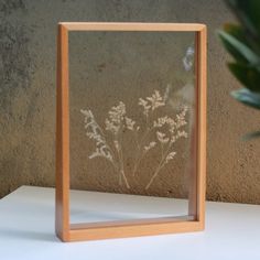 a small wooden frame with some white flowers in the middle and a plant behind it