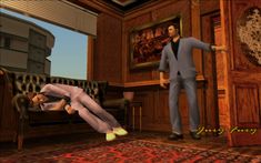 two animated men are standing in a living room