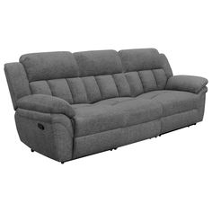 a gray couch with two reclinings on it's back and one arm facing the