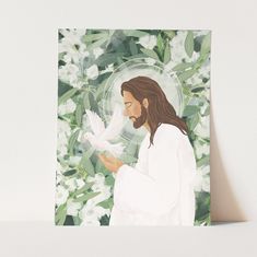 a painting of jesus holding a dove in front of white flowers