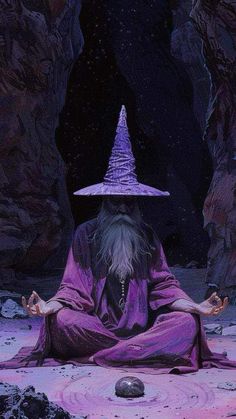 a wizard sitting in the middle of a cave with his hands up and wearing a purple hat