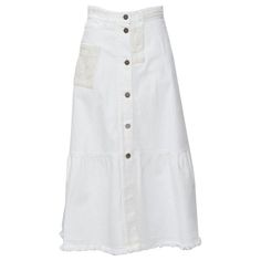 VALENTINO white denim butterfly bead embellished patch raw midi skirt IT38 XS Reference: KNLM/A00207 Brand: Valentino Designer: Pier Paolo Piccioli Material: Cotton Color: White Pattern: Solid Closure: Button Lining: Unlined Extra Details: 5-pocket design. Antique silver-tone button front closure. Flared hem. Made in: Italy CONDITION: Condition: Very good, this item was pre-owned and is in very good condition. Please refer to image gallery for thorough condition check. Red pen mark along patch d Denim Butterfly, Pierpaolo Piccioli, Valentino Designer, White Patterns, White Denim, Pocket Design, Image Gallery, A Line Skirts, Denim Skirt