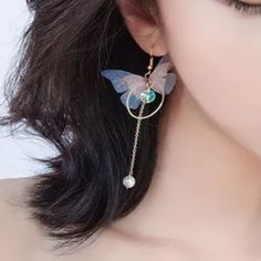 Gorgeous Asymmetrical Butterfly And Pearl Drop Earrings Asymmetrical Butterfly, Malachite Earrings, Korean Earrings, Daisy Earrings, Beaded Dangle Earrings, Handcrafted Earrings, Butterfly Earrings, Silver Drop Earrings, Wood Earrings