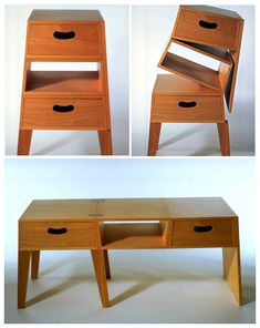 three different views of a wooden desk with drawers on each side and an open drawer at the bottom