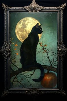 a painting of a black cat sitting on a tree branch in front of a full moon