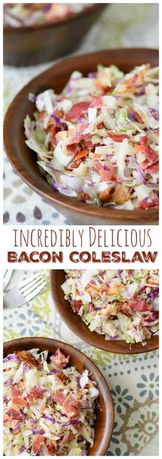 bacon coleslaw in a wooden bowl on top of a patterned tablecloth with text