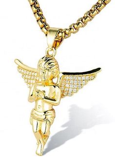 An Angel in golden finish and a 18 inch golden chain. Her wings are spread out with gracefulness and style. Wings are embedded with gemstones. Comes with either golden or silver gift box. A beautiful Golden ANGEL!! Angelic Gold Necklaces As Gifts, Angelic Gold Necklaces For Gifts, Angelic Gold Necklace For Gift, Angelic Gold Pendant Jewelry, Angelic Gold Pendant Necklace, Gold Decorative Necklaces For Gifts, Elegant Winged Gold Jewelry, Gold Necklace With Bling For Gift, Elegant Gold Winged Jewelry