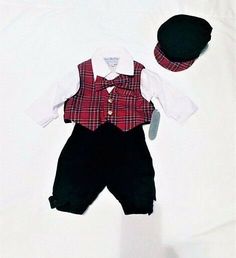 NEW WITH TAGS  Just Darling Collection Infant Boy 5-piece Red Plaid Outfit,  Size:  6 Months Cotton/Polyester Red Plaid Vest w/ 2 Gold Buttons & Hankie in Pocket Red Plaid Bow Tie White Cotton Button Down Long Sleeve Shirt Solid Black Knickers Black Peaked Cap with Red Plaid Visor Fitted School Sets For Fall, Fitted Sets For School In Fall, Winter School Sets With Fitted Stretch, Spring Red Fitted Sets, Red Cotton Sets For Fall, Red Cotton Fall Season Set, Red Formal Sets For Spring, Formal Red Spring Sets, Classic Red Sets For Winter