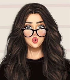 a drawing of a woman with glasses on her face, making a funny face and tongue out