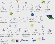 a white board with some drawings and words written in different languages, including the word space yoga