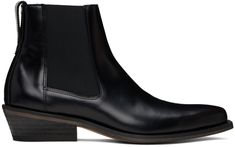 Ankle-high polished calfskin Chelsea boots in black. · Pointed square toe · Elasticized gusset at sides · Leather pull loop at heel collar · Stacked leather block heel with rubber injection · Leather sole · Heel: H1.75 Supplier color: Black bridle leather Classic Square Toe Chelsea Boots In Calf Leather, Classic Chelsea Boots With Square Toe In Calf Leather, Square Toe Calf Leather Chelsea Boots For Work, Square Toe Chelsea Boots In Calf Leather For Work, Classic Square Toe Chelsea Boots For Formal Occasions, Black Square Toe Chelsea Boots For Formal Occasions, Black Chelsea Boots, Leather Block Heels, Our Legacy