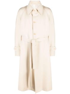 ivory white oversized pointed collar front button fastening tied waist belt loops long sleeves buttoned cuffs central rear vent mid-length Giuliva Heritage, Parka Coat, Heritage Collection, Mens Outerwear, Ivory White, Outerwear Coats, Waist Belt, Raglan Sleeve, Mid Length