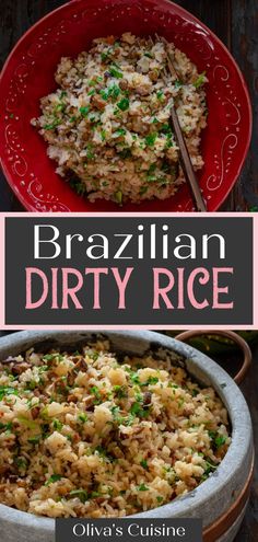 an image of brazilian dirty rice in a bowl with the title above it and below