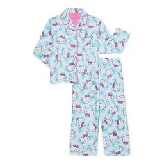 Get your girl ready for the purr-fect bedtime adventure with the Hello Kitty Top and Pants Pajama Set! This set features a button front top with long sleeves, a notch collar, and an adorable allover Hello Kitty print along with matching pull-on pants. Whether shes hosting a sleepover, lounging at home, or drifting off to dreamland, this cozy set is a ticket to a world of cuteness and cozy dreams. Size: 6/6X.  Color: Multicolor.  Gender: female.  Age Group: kids. Hello Kitty Top, Hello Kitty Print, Kitty Clothes, Hello Kitty Clothes, Top With Long Sleeves, Cute Pajamas, Button Front Top, Notch Collar, Kids Outfits Girls