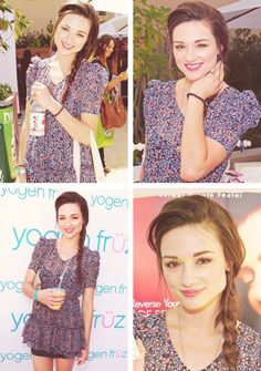 four different pictures of a woman with long hair and wearing a blue dress, holding a drink in her hand