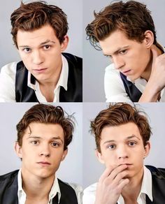 four different shots of a young man with his hands on his chin and looking at the camera