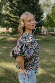 + moody multi-color floral print+ dramatic puffed sleeve+ darling tie detail in the back+ relaxed silhouette+ poplin texture Holiday Shoes, Puff Sleeve Blouse, Floral Short, Skirt Top, New Shop, Dress Collection, The Back, Dress Skirt, Sleeve Blouse