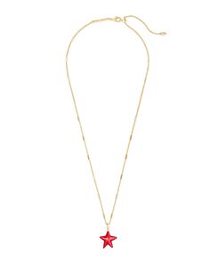 Sparkle and shine in this star-spangled style! The Carved Jae Star Gold Pendant Necklace in Red Mother-of-Pearl is created by hand carving stone into a truly iconic shape for a symbolic layer you’ll wear time and time again.  METAL 14k Gold Plated Over Brass      MATERIAL Red Mother-of-Pearl      SIZE 19″ chain, 0.6″L X 0.6″W pendant      CLOSURE Lobster clasp with single adjustable sliding bead       Please note:  Due to the one-of-a-kind nature of the medium, exact colors and patterns may vary slightly from the image shown. Red Star-shaped Jewelry For Gift, Red Star-shaped Jewelry Gift, Red Necklace With Star Charm As Gift, Red Necklace With Star Charm For Gift, Carving Stone, Unique Gift Items, Star Spangled, Sparkle And Shine, Pearl Size