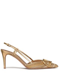 gold-tone cotton/calf leather VLogo Signature pointed toe buckle-fastening slingback strap branded insole high heel Designer Slingback Heels With Buckle Closure, Luxury Gold Slingback Pumps With Padded Heel, Gold Heels With Gold-tone Hardware For Evening, Gold Heels With Buckle Closure For Formal Occasions, Formal Gold Heels With Buckle Closure, Elegant Gold Heels With Buckle Closure, Luxury Gold Leather Slingback Pumps, Luxury Gold Slingback Pumps With Open Toe, Luxury Gold Open Toe Slingback Pumps