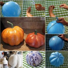 several pictures of pumpkins being painted with different colors and shapes, including one blue