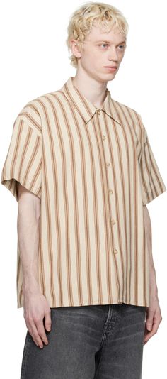 Cotton- and linen-blend twill shirt. Stripe pattern throughout. · Spread collar · Button closure · Dropped shoulders Supplier color: Mocha stripe Relaxed Fit Vertical Stripes Collared Shirt, Beige Tops With Vertical Stripes For Summer, Beige Oversized Shirt, Twill Shirt, Oversized Shirt, Online Shopping Clothes, Stripes Pattern, Mocha, Linen Blend