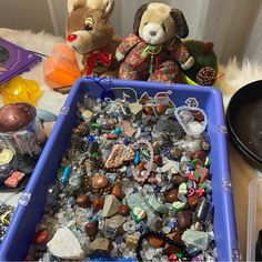 two teddy bears sitting next to a blue bin filled with rocks and other items on a table