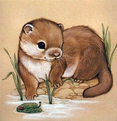 a painting of an otter and a turtle