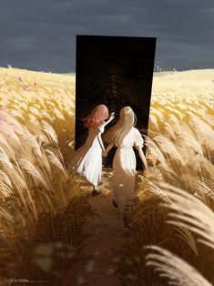 two people walking through tall grass towards an open door