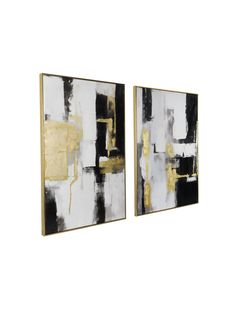 two black and gold abstract paintings on white wall mounted to the side of a wall