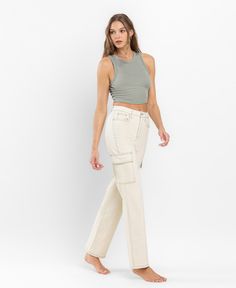 Indulge in the luxury of our Ecru 90's Super High Rise Slim Wide Cargo Jeans. Crafted with comfort stretch denim, these full length jeans feature a super high rise waist for a flattering silhouette. The utility cargo adds a touch of functionality to the vintage inspired 90's slim wide style. 90s Style Jeans, Cream Cargo Pants, Utility Cargo Pants, Full Length Jeans, Denim Cargo Pants, Jeans Models, Dad Jeans, Cargo Jeans, Contemporary Fashion