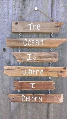 the ocean is where i belong wood sign hanging on a wooden fence with words above it