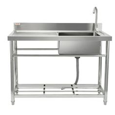 a stainless steel sink with two faucets on each side and one drainer