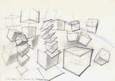 a drawing of many cubes and boxes on a white paper background, with lines drawn across the edges