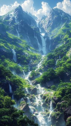 an artistic painting of a waterfall in the mountains