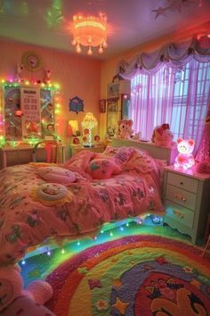 a bedroom decorated in pastel colors with lights on the ceiling and teddy bears bedding