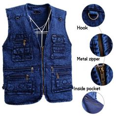 Male Denim Waistcoat Sleeveless Multi-pocket Coat Jacket Vest Cotton Outdoor Top This item is for one waistcoat only. Please note this is in Asian sizing, smaller than western size e.g. UK, US, AU. Please check the measurements carefully before making a purchase. If you are not sure which size to buy, please provide height and weight, we will recommend a suitable size. Please allow 1-3cm discrepancy due to different measurement method. Material: cotton blend Color: blue, green Size: XL, 2XL, 3XL Cotton Denim Vest With Pockets For Fall, Casual Sleeveless Denim Vest With Pockets, Fall Sleeveless Denim Vest With Pockets, Utility Style Cotton Denim Jacket With Multiple Pockets, Utility Cotton Denim Jacket With Multiple Pockets, Denim Blue Cotton Outerwear With Multiple Pockets, Casual Cotton Denim Vest With Pockets, Spring Utility Vest With Pockets, Spring Cotton Denim Vest With Pockets