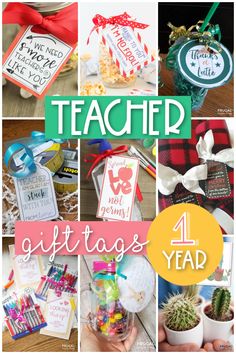 a collage of gift tags with the words teacher written on them and pictures of different items