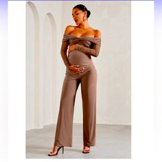 Expertly Cut In A Premium Stretch Jersey, This Wide-Leg Maternity Jumpsuit Was Designed With Your Comfort At The Forefront. Kyla Arrives In A Soft Mocha Shade And Is Detailed By An Elegant Bardot Neckline And Long Sheer Sleeves. Try Pairing This Ruched Jumpsuit With A Sleek Bun For The Perfect Baby Shower Ensemble. Features - Premium Stretch Jersey - Twisted Bardot Neckline - Long Mesh Sleeves - Bump Ruching - Invisible Zip Closure - Wide Leg Sizing & Fit: I Have Two Sizes: Us 6 And Us 8 I Bough Ruched Jumpsuit, White Bandeau, Club L London, Sleek Bun, Bardot Neckline, Turtleneck Bodysuit, Ruffle Jumpsuit, Flare Jumpsuit, One Shoulder Jumpsuit