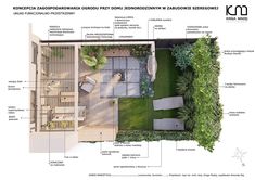 an aerial view of a garden with seating areas and landscaping features in the top right corner