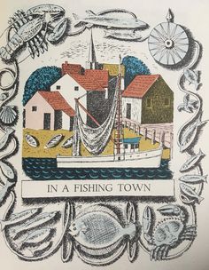 a drawing of a fishing town surrounded by fish