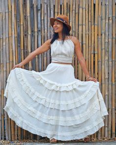 "Maxi Cotton Skirt, Long Cotton Skirt, Boho Maxi Skirt Tiered full circle long skirt made from unbleached and undyed raw cotton in off-white color. Sizing: Made in one size to fit S to XL / US: 4/6/8/10/12/14 Measurement; Elastic waist 24-40\" Hip max 50\" Length 41\" Bottom hem circumference 100\" **Model is a size US 6. 33\" bust, 36\" hip. 165 cm tall** Description: Stunningly beautiful maxi full circle skirt made from raw cotton material. Lined with the same fabric to knee level (not see-thr Bohemian Mini Wrap Skirt For Festival, Peasant Style Tiered Skirt For Festivals, Fitted Peasant Style Festival Skirt, Peasant Style Tiered Festival Skirt, Traditional Long Maxi Skirt For Beach, Fitted Peasant Skirt For Festival, Traditional Fitted Skirt For Beach, Fitted Bohemian Long Skirt, Fitted Bohemian Ruffled Skirt