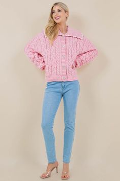 Cute and cozy solid button down cable cardigan with the most stunning oversized collar. Casual Pink Cable Knit Sweater, Pink Casual Cable Knit Sweater, Oversized Pink Cable Knit Cardigan, Chic Pink Button-up Sweater, Luxury Pink Cable Knit Sweater, Rose Sweater, Cable Cardigan, Oversized Collar, Head Accessories