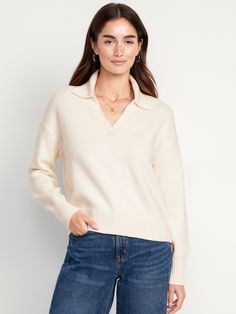 polo collar long sleeves pullover style rib-knit trim relaxed fit hits below waist models are approx.  5'9" and wear sizes s (4), l (12), and xl (18)machine wash according to the care instruction label  . Best Holiday gift for Women , perfect Sweaters for Christmas! Basic Essentials, Sweater Polo, Textured Knit Sweater, Fall Fit, Pajamas Gift, Sweater White, Polo Sweater, Cardigan Sweaters For Women, Old Navy Women