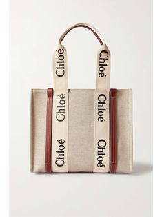 CHLOÉ + NET SUSTAIN Woody medium leather and webbing-trimmed linen tote Net Sustain, Matthew Williamson, Designer Accessories, Chloe Bag, Top Designer Brands, Medium Bags, Designer Bags, Bago, Net A Porter